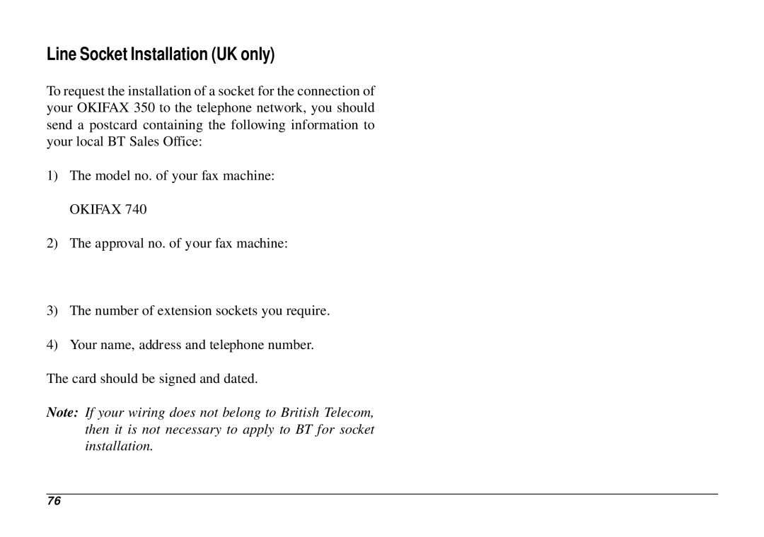 Oki 740 manual Line Socket Installation UK only, Okifax 