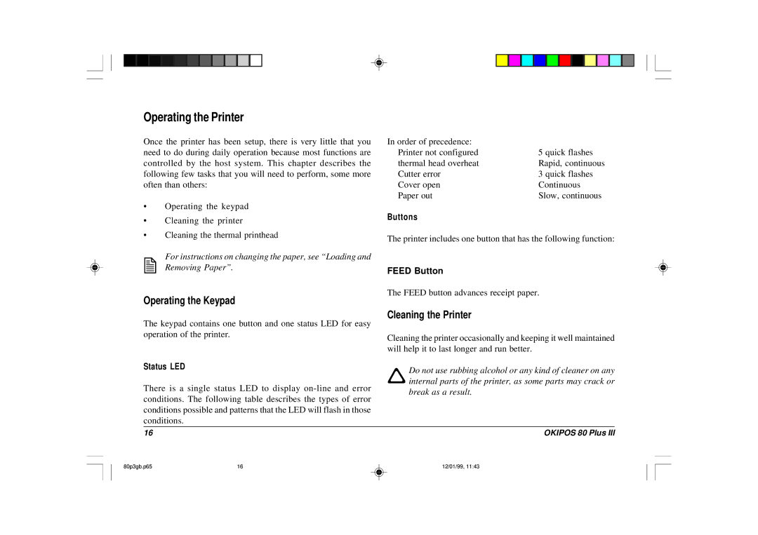 Oki 80 Plus III manual Operating the Printer, Operating the Keypad, Cleaning the Printer 