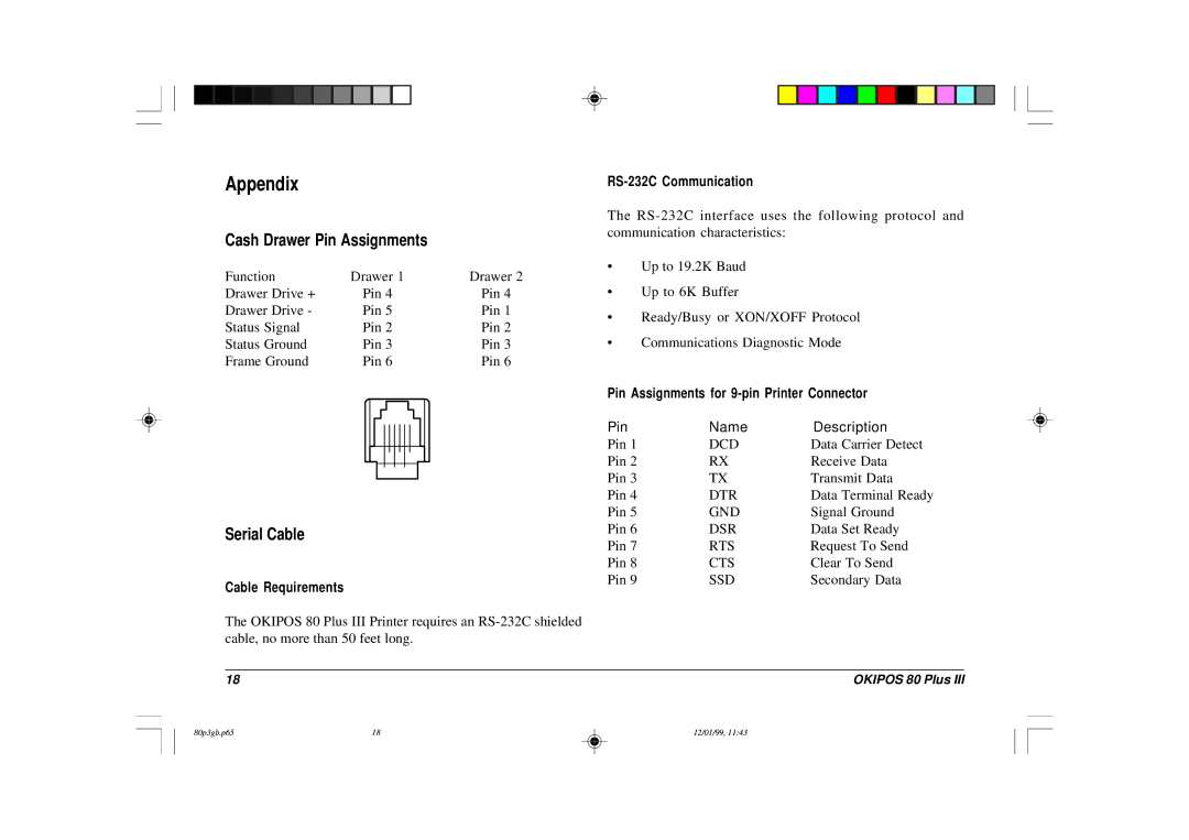 Oki 80 Plus III manual Appendix, Cash Drawer Pin Assignments, Serial Cable 