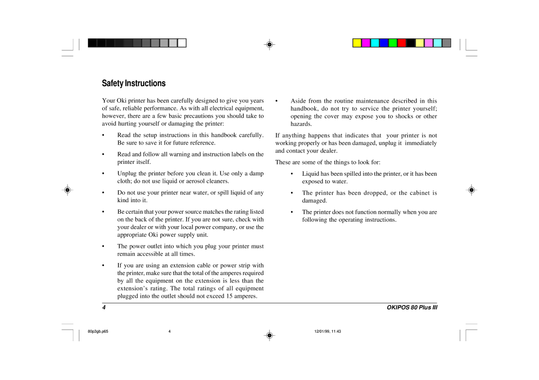 Oki 80 Plus III manual Safety Instructions 