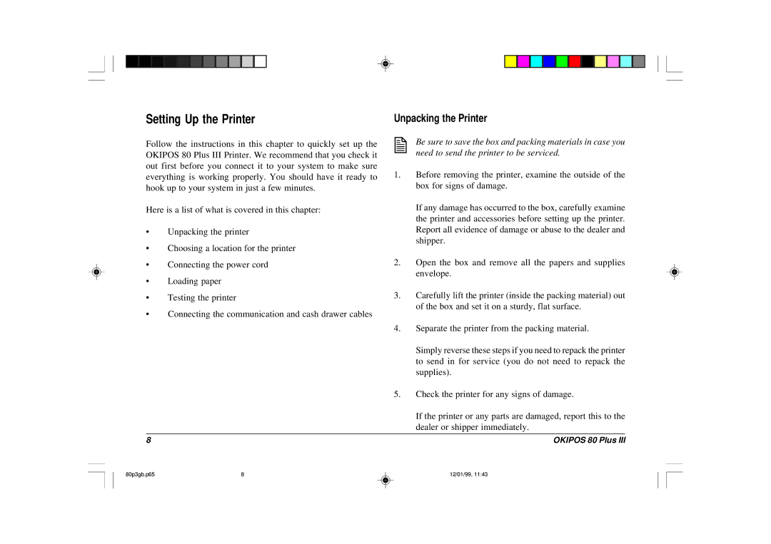 Oki 80 Plus III manual Setting Up the Printer, Unpacking the Printer 