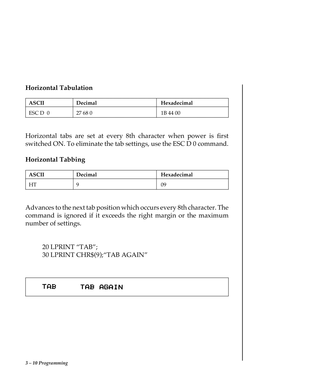 Oki 80 Series warranty Horizontal Tabulation, Horizontal Tabbing, Lprint TAB Lprint CHR$9TAB Again 