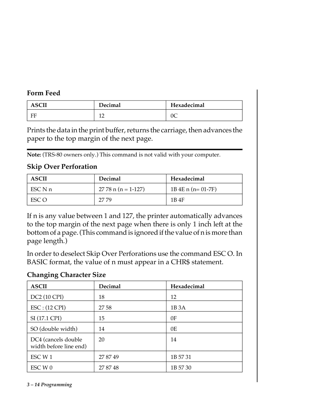 Oki 80 Series warranty Form Feed, Skip Over Perforation, Changing Character Size 