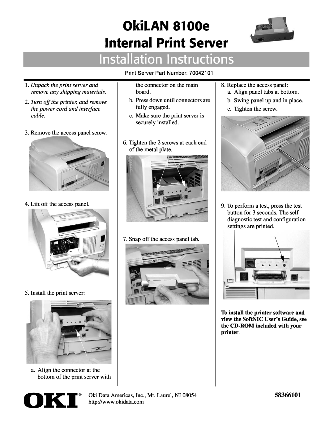 Oki installation instructions OkiLAN 8100e Internal Print Server, Installation Instructions, 58366101 