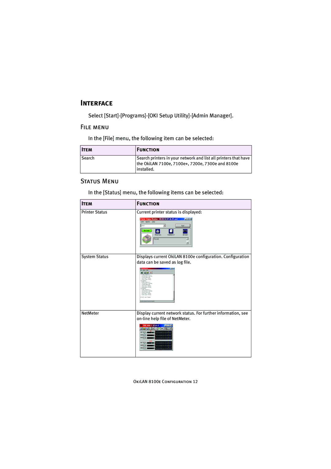 Oki 8100e manual Interface, File menu, Status Menu, Function 