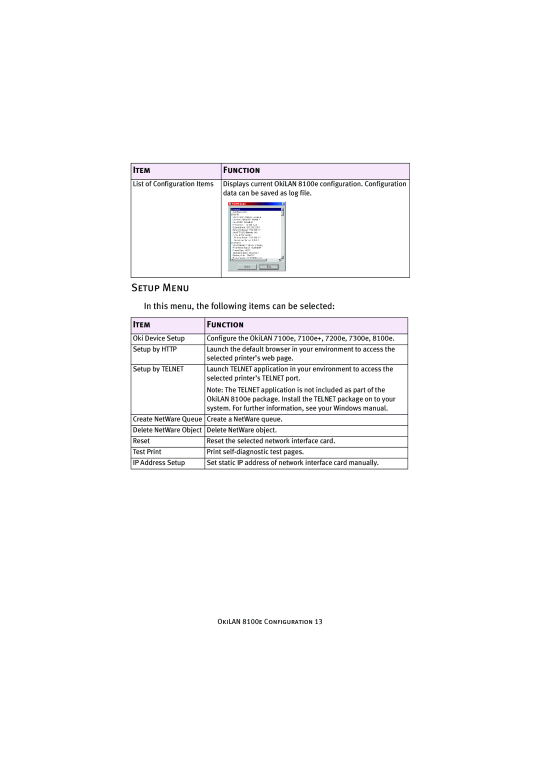 Oki 8100e manual Setup Menu 