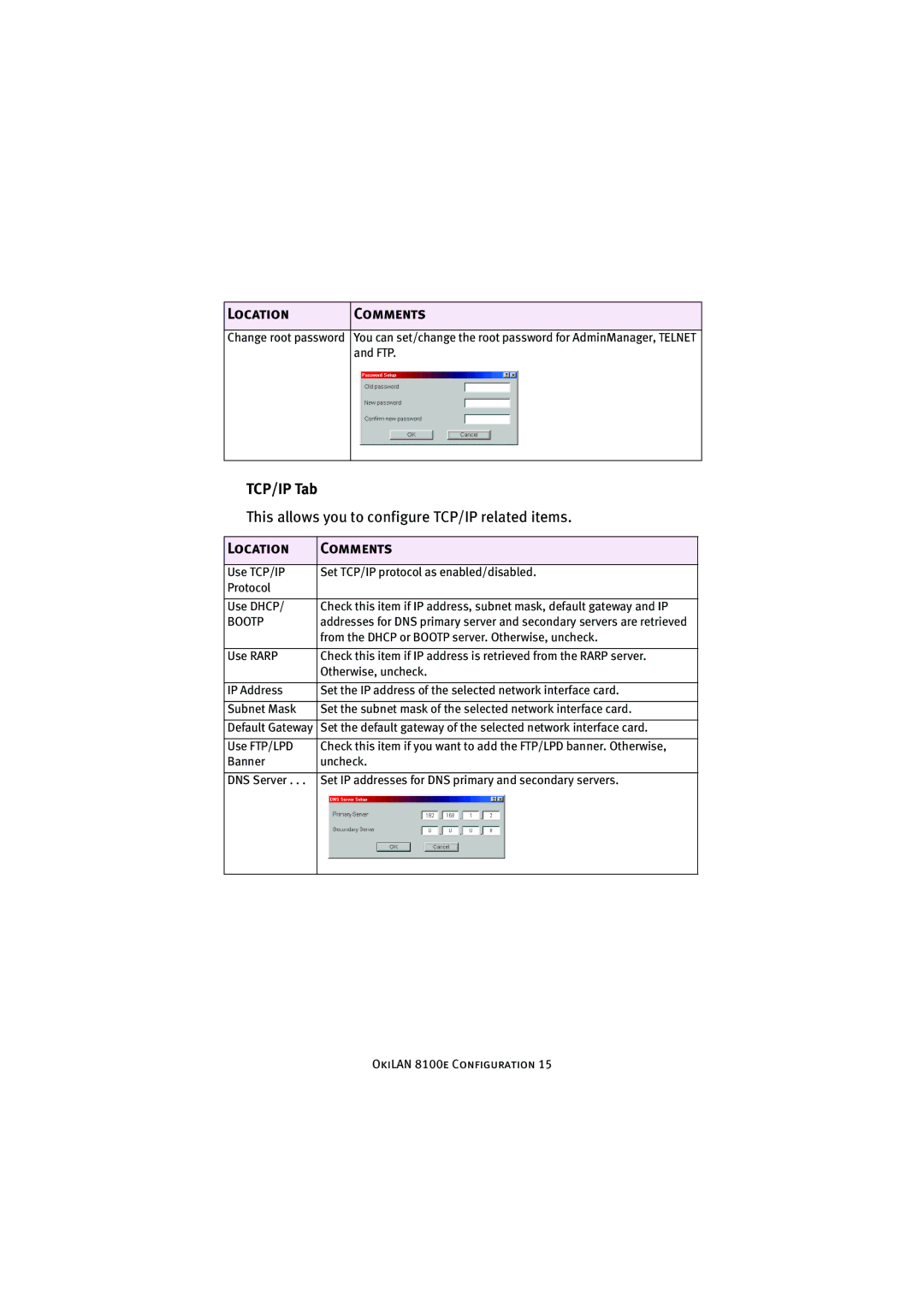 Oki 8100e manual Location Comments, TCP/IP Tab 