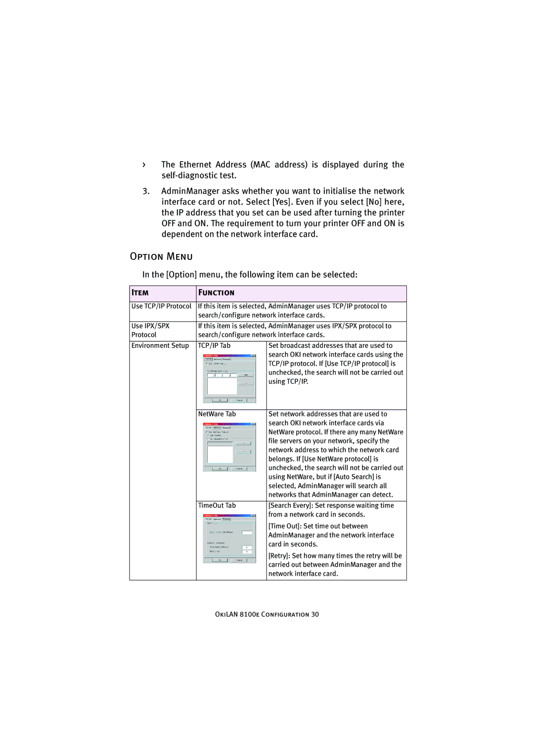 Oki 8100e manual Option Menu, Function 