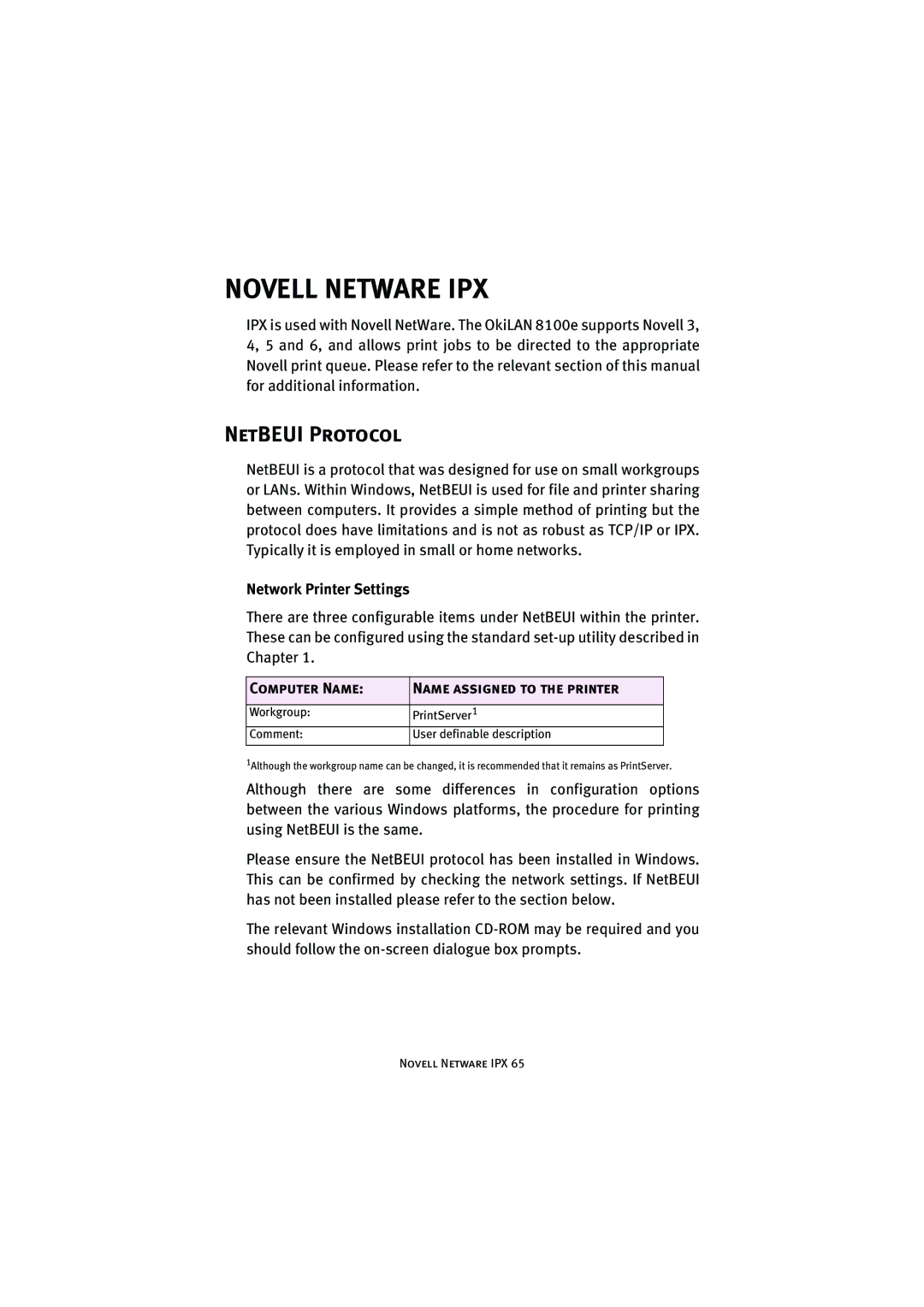 Oki 8100e manual NetBEUI Protocol, Network Printer Settings, Computer Name Name assigned to the printer 