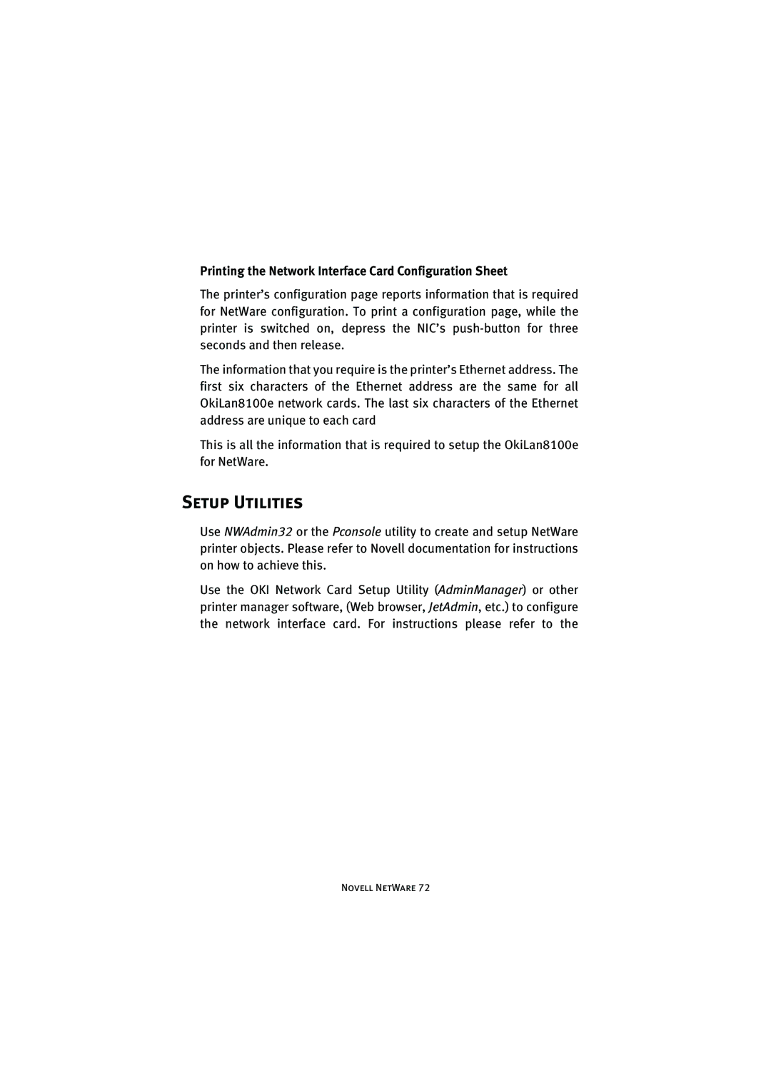 Oki 8100e manual Setup Utilities, Printing the Network Interface Card Configuration Sheet 