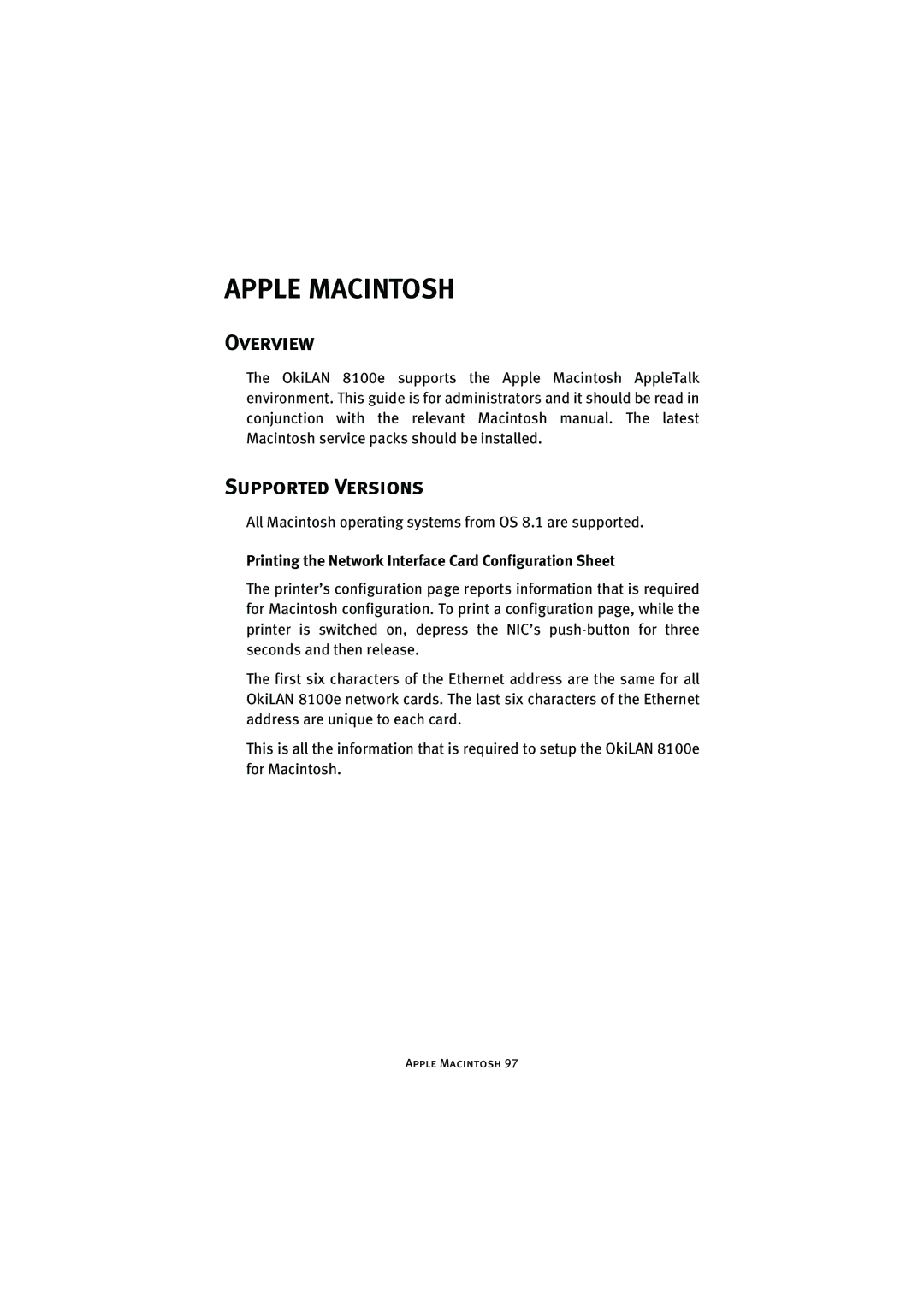 Oki 8100e manual Apple Macintosh, Supported Versions 