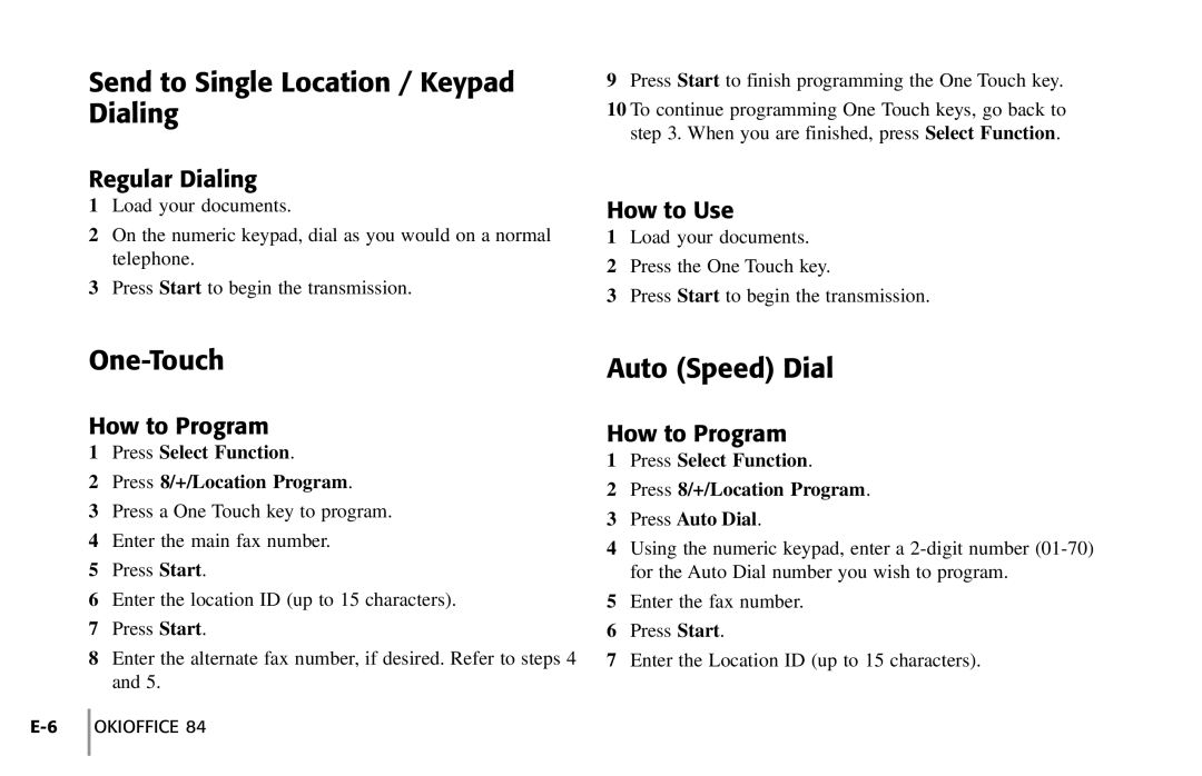 Oki 84 Send to Single Location / Keypad Dialing, One-Touch Auto Speed Dial, Regular Dialing, How to Use, How to Program 