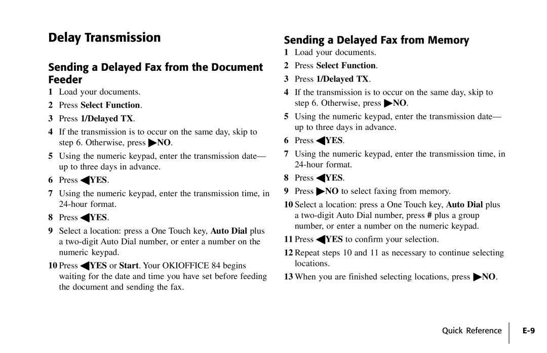 Oki 84 manual Delay Transmission, Sending a Delayed Fax from the Document Feeder, Sending a Delayed Fax from Memory 