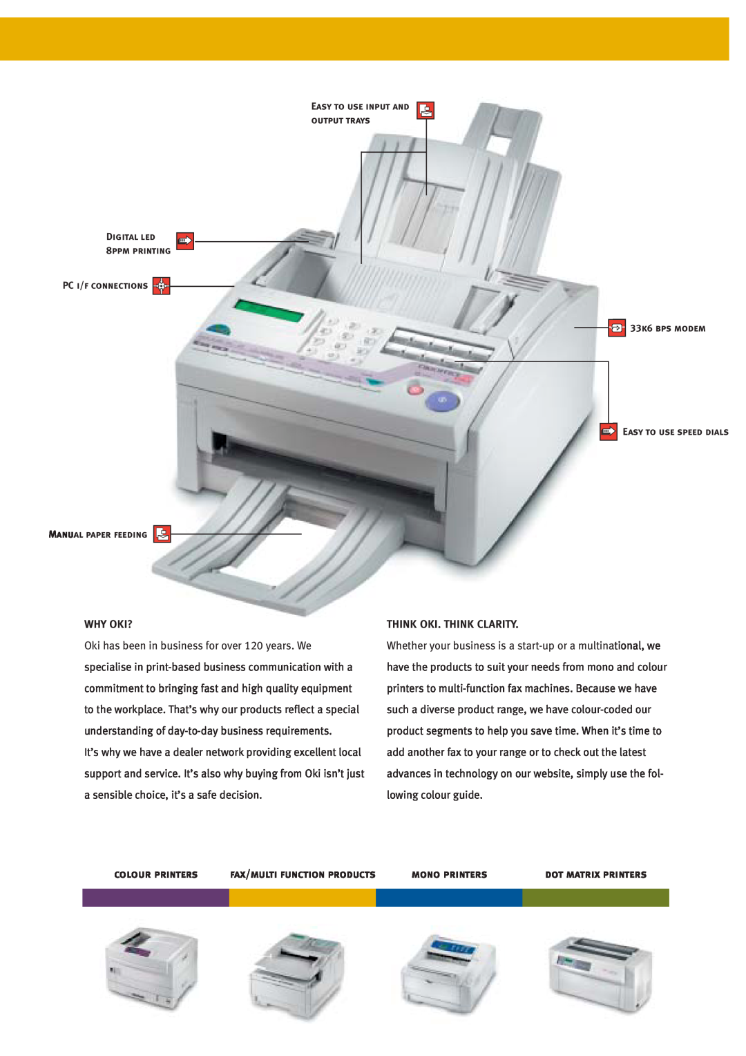 Oki 86 manual Why Oki?, Think Oki. Think Clarity, colour printers, fax/multi function products, mono printers 