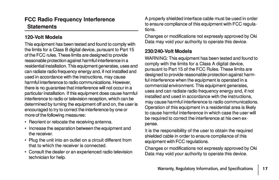 Oki 87 warranty FCC Radio Frequency Interference Statements, 230/240-VoltModels 