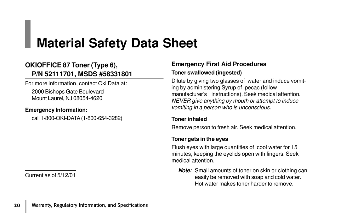 Oki 87 warranty Material Safety Data Sheet, Emergency First Aid Procedures 