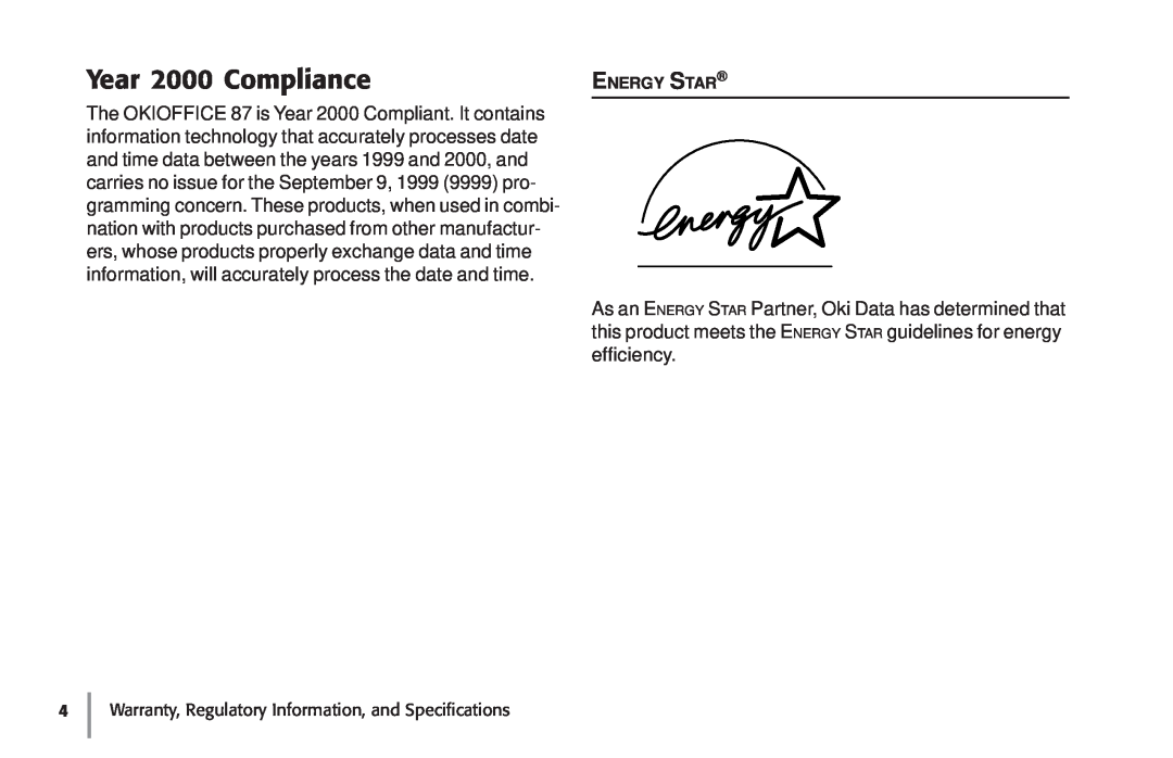 Oki 87 warranty Year 2000 Compliance, Energy Star 