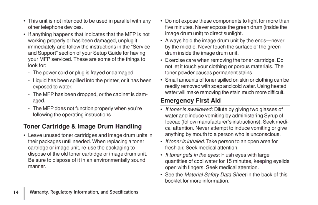 Oki 87 warranty Toner Cartridge & Image Drum Handling, Emergency First Aid 