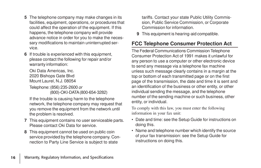 Oki 87 warranty FCC Telephone Consumer Protection Act 