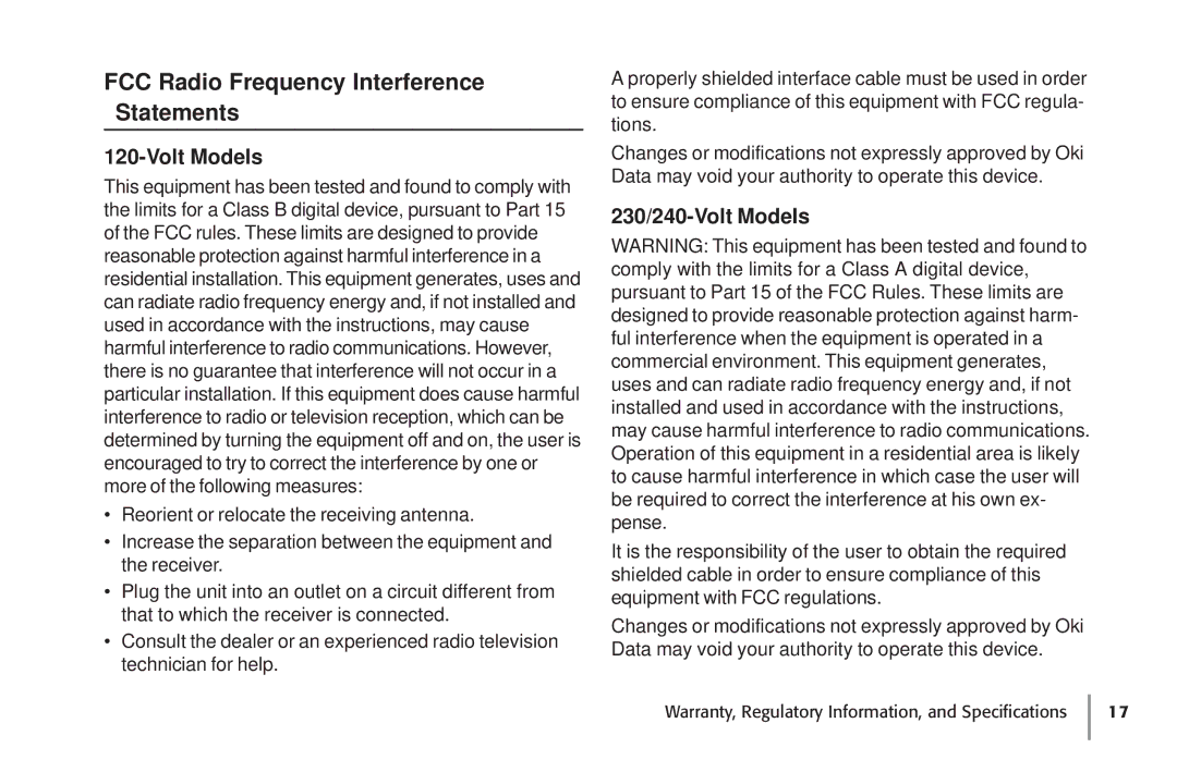 Oki 87 warranty FCC Radio Frequency Interference Statements, 230/240-Volt Models 