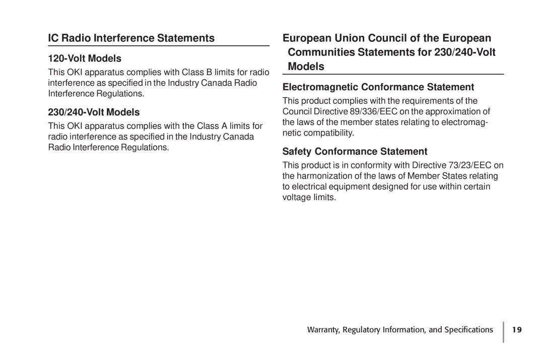 Oki 87 warranty IC Radio Interference Statements, Electromagnetic Conformance Statement, Safety Conformance Statement 