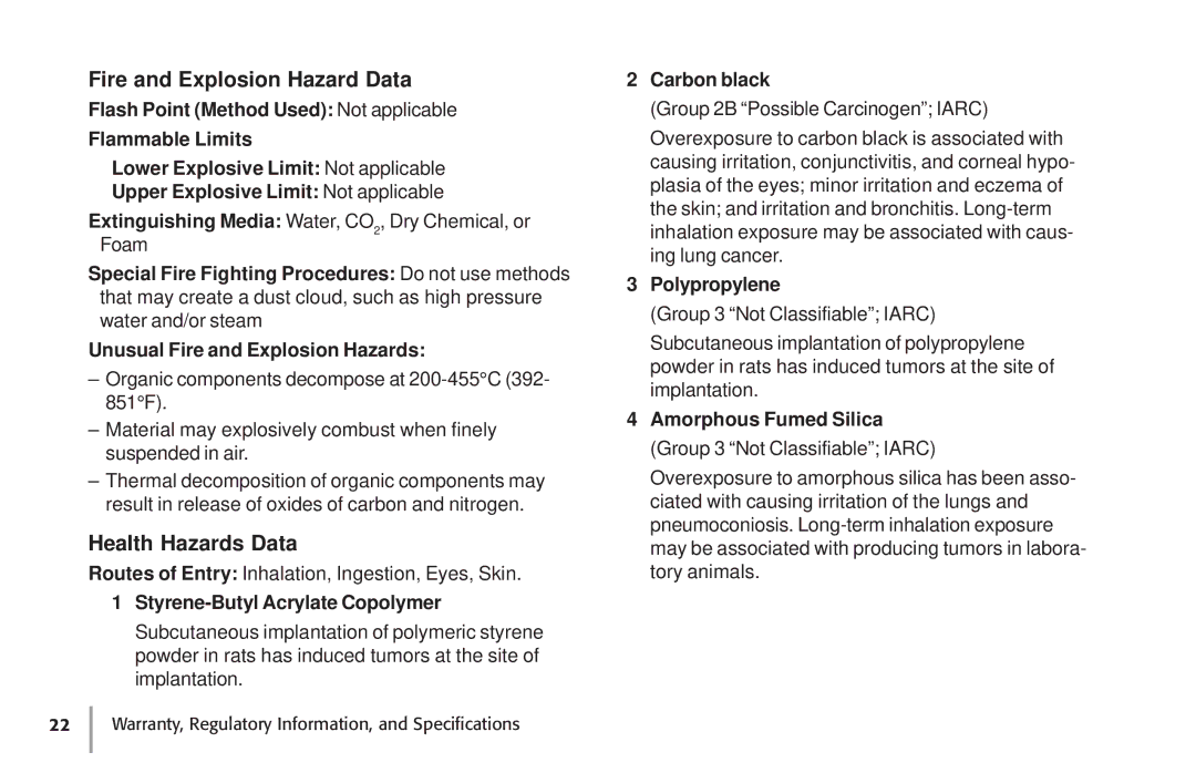 Oki 87 warranty Fire and Explosion Hazard Data, Health Hazards Data 