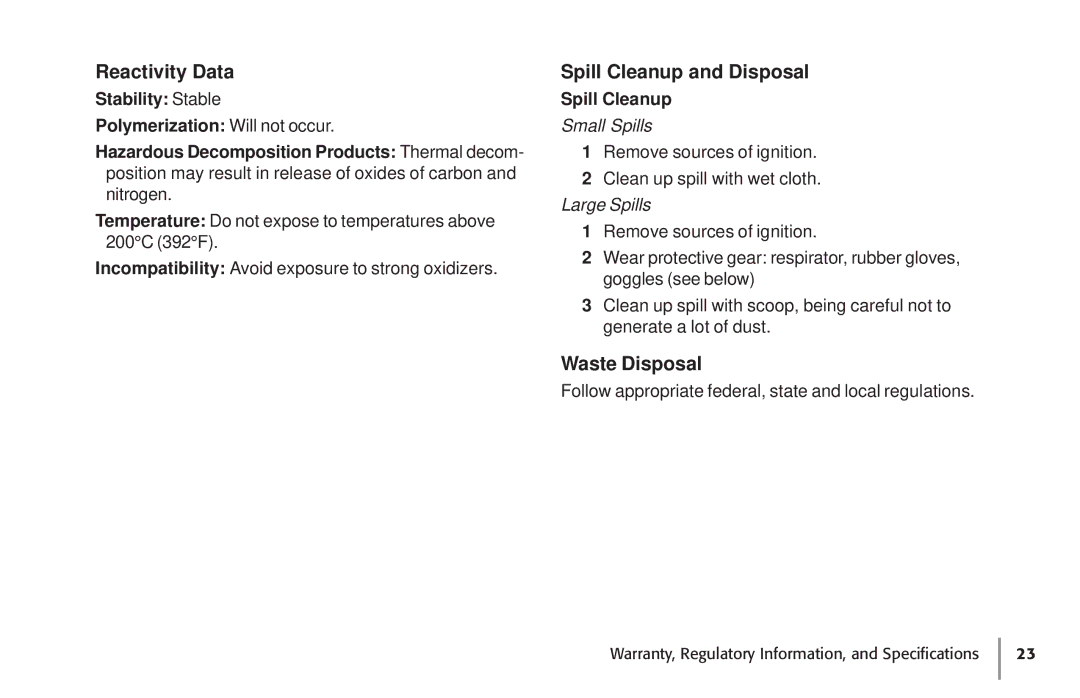 Oki 87 warranty Reactivity Data, Spill Cleanup and Disposal, Waste Disposal 