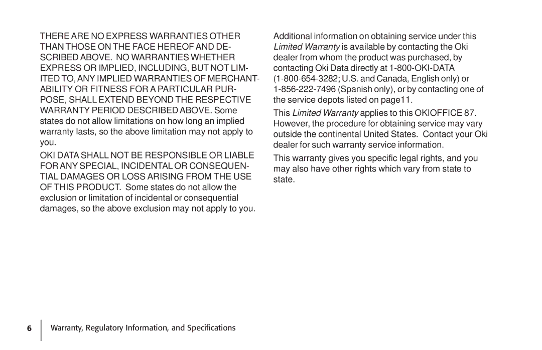 Oki 87 warranty Warranty, Regulatory Information, and Specifications 