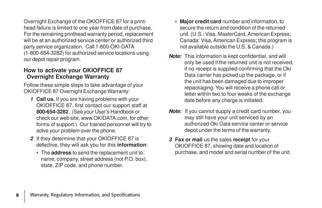 Oki 87 warranty Warranty, Regulatory Information, and Specifications 