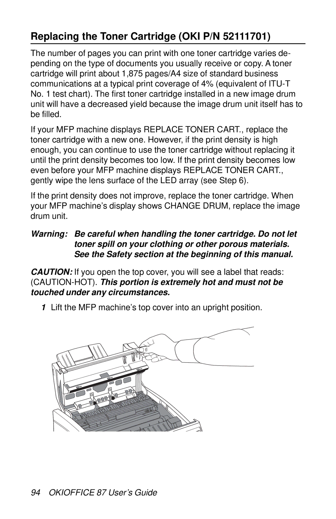 Oki 87 manual Replacing the Toner Cartridge OKI P/N 