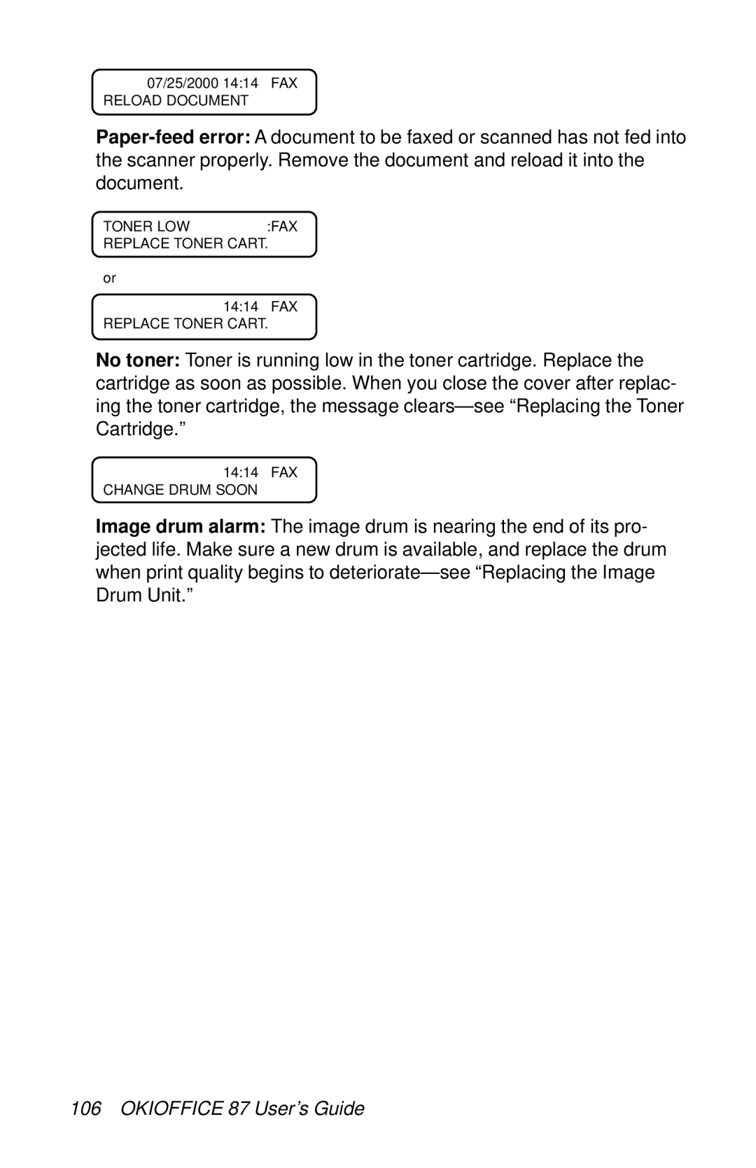 Oki 87 manual Toner Lowfax Replace Toner Cart 