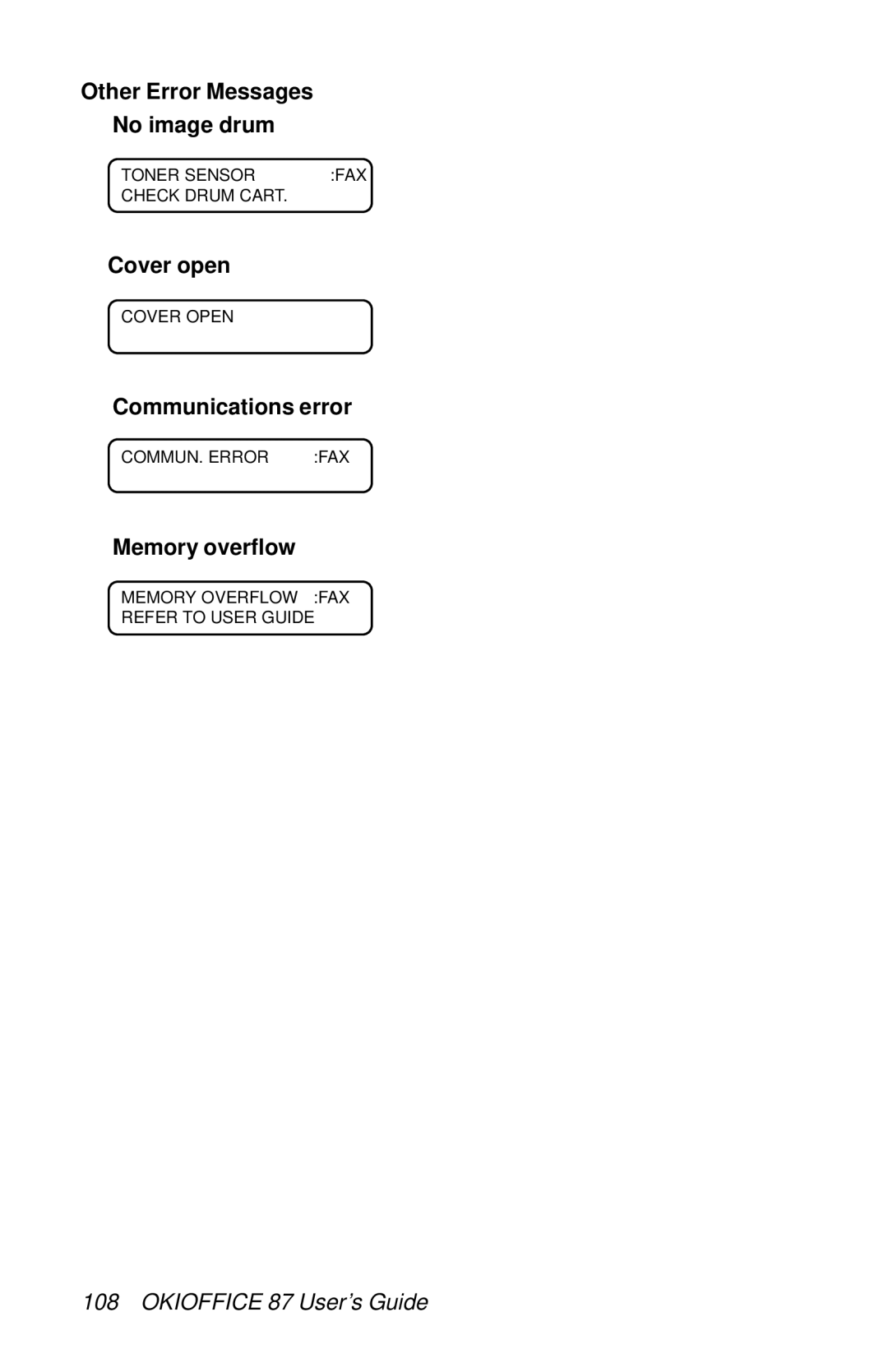 Oki 87 manual Other Error Messages No image drum, Cover open, Communications error, Memory overflow 