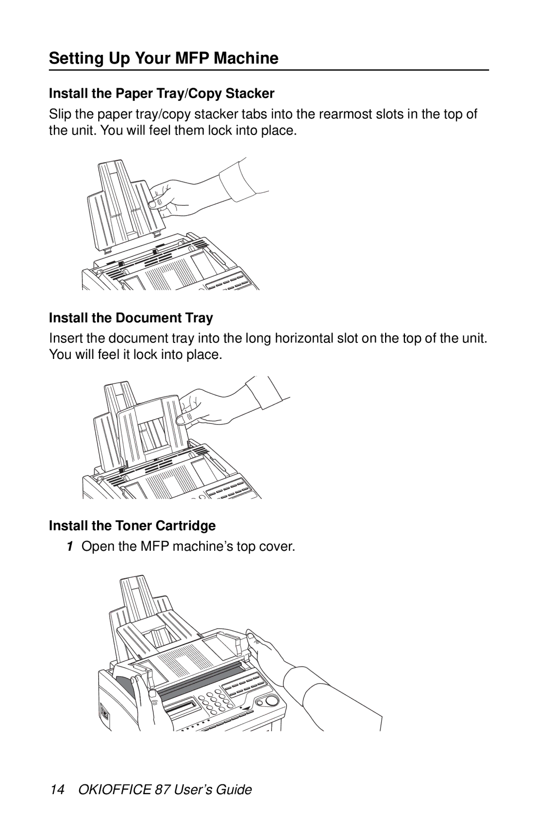 Oki 87 manual Setting Up Your MFP Machine, Install the Paper Tray/Copy Stacker, Install the Document Tray 