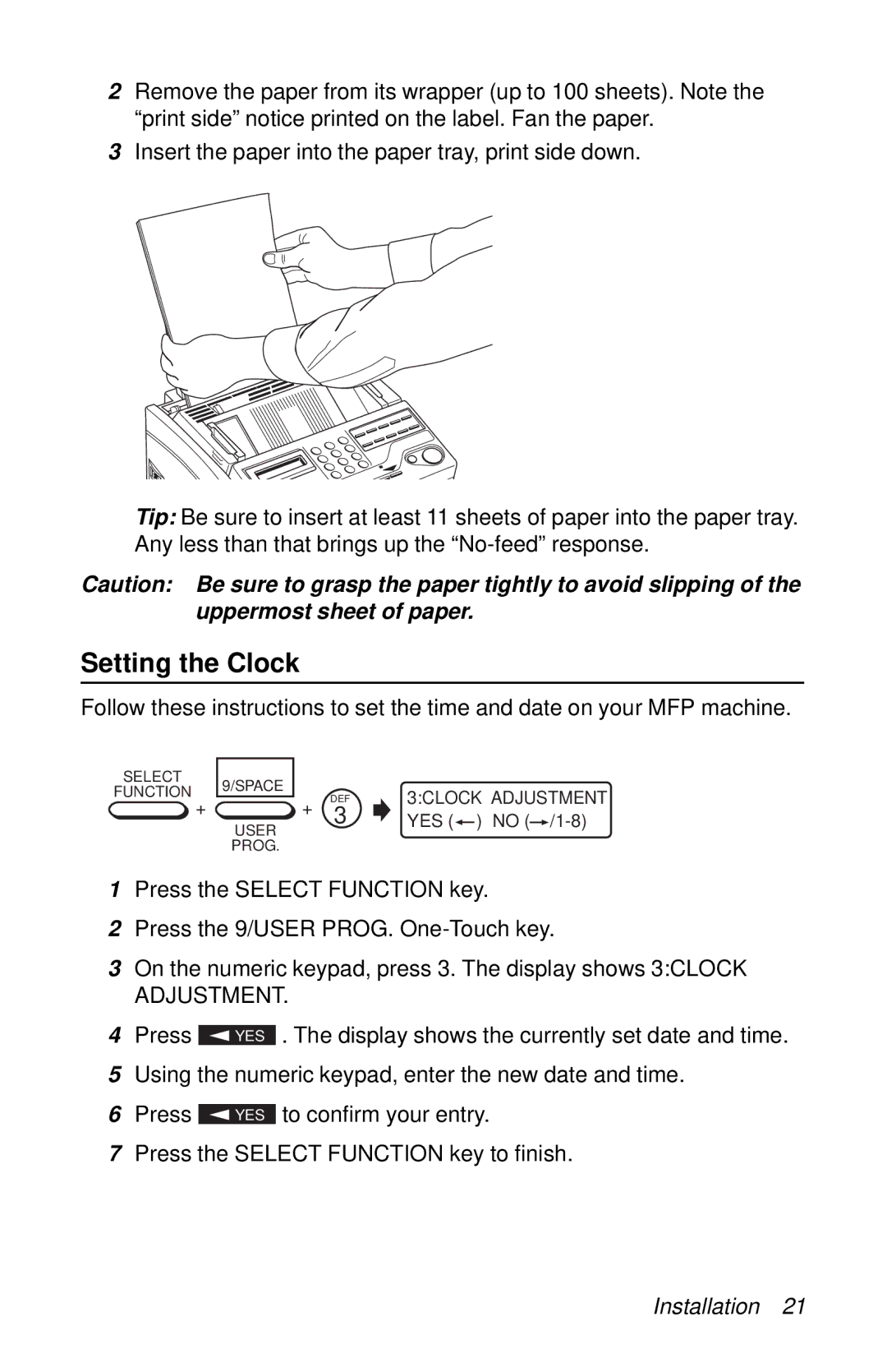 Oki 87 manual Setting the Clock, Adjustment 