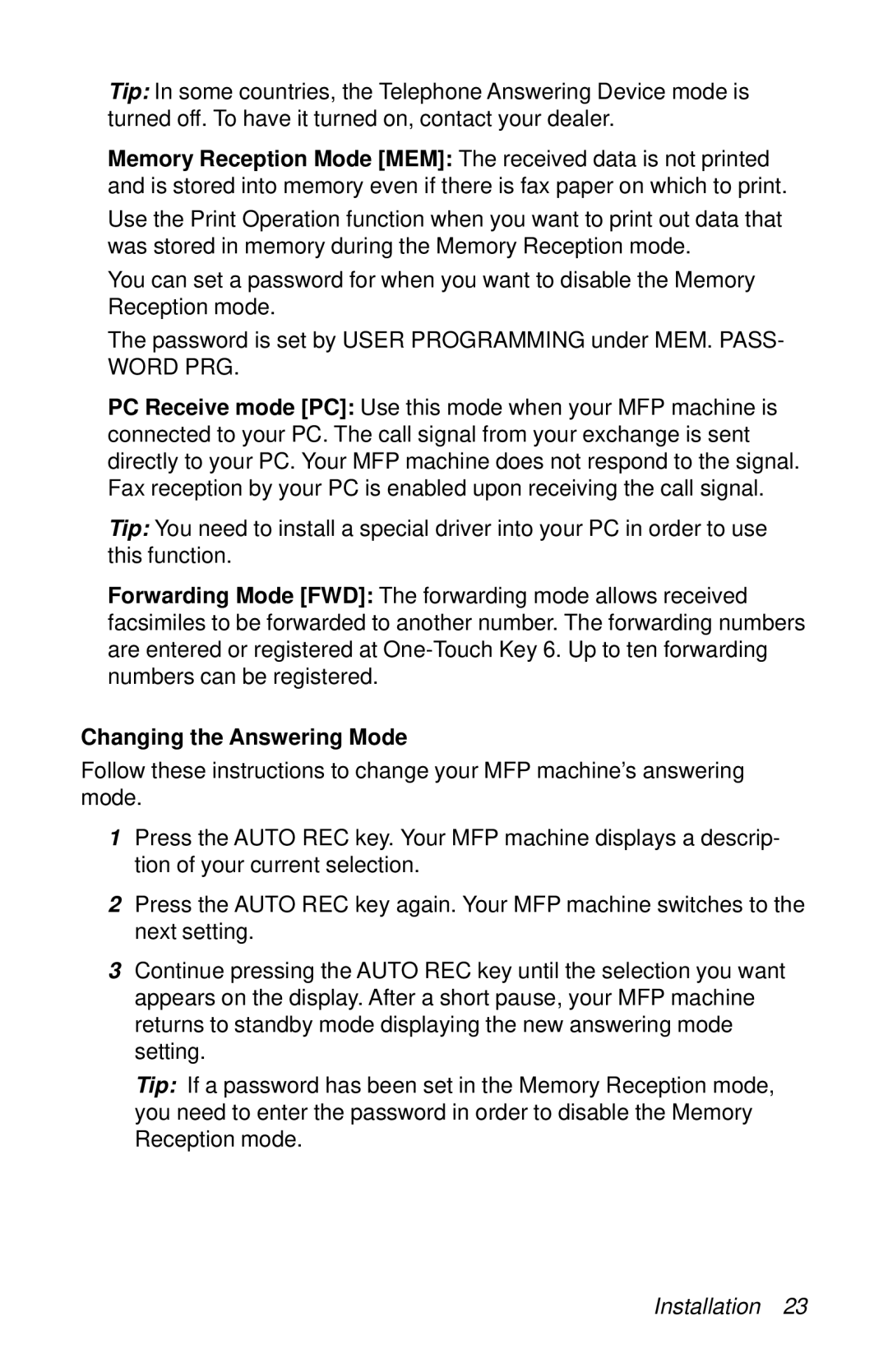 Oki 87 manual Word PRG, Changing the Answering Mode 