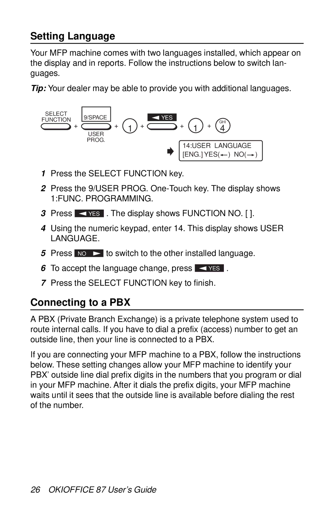 Oki 87 manual Setting Language, Connecting to a PBX 