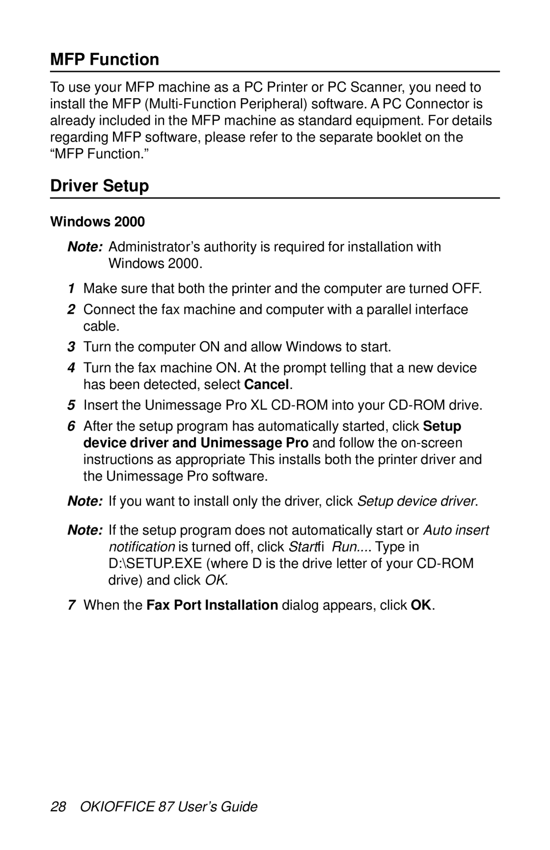 Oki 87 manual MFP Function, Driver Setup, Windows 