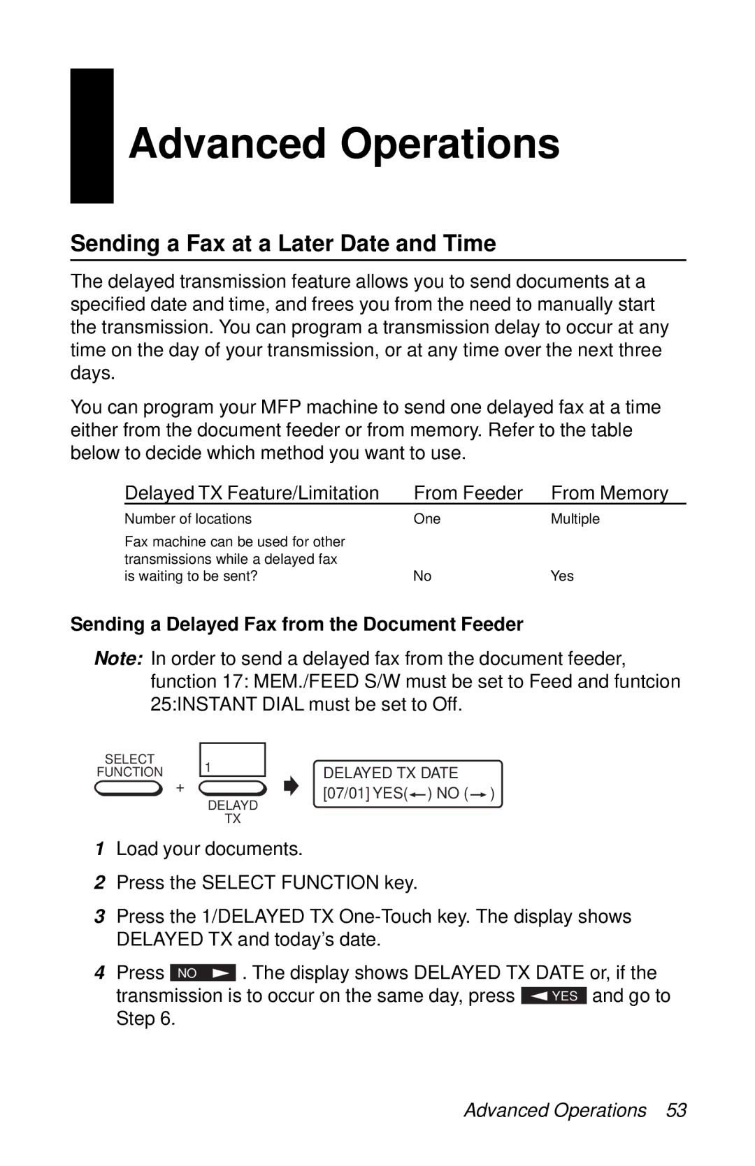 Oki 87 manual Advanced Operations, Sending a Fax at a Later Date and Time, Sending a Delayed Fax from the Document Feeder 