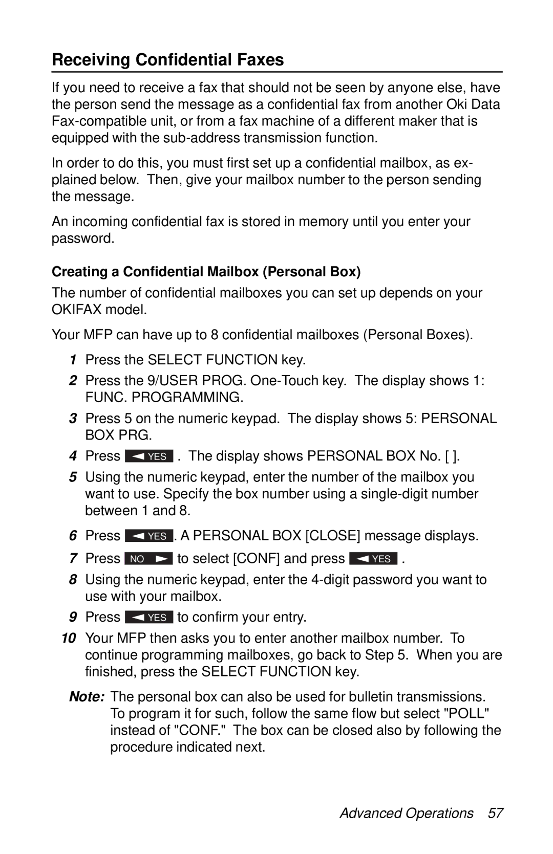 Oki 87 manual Receiving Confidential Faxes, Creating a Confidential Mailbox Personal Box, FUNC. Programming 