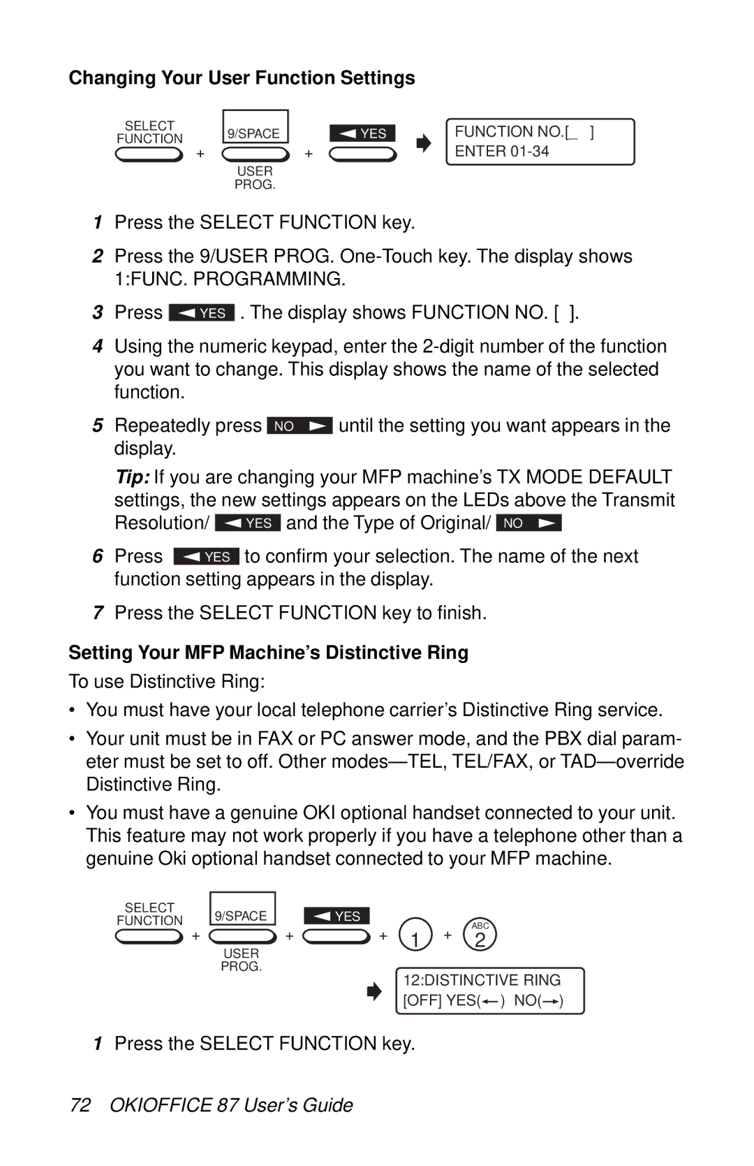 Oki 87 manual Changing Your User Function Settings, Setting Your MFP Machine’s Distinctive Ring 