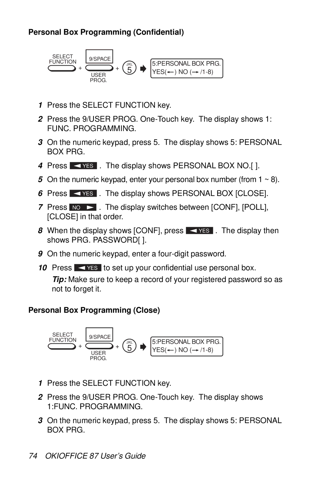 Oki 87 manual Personal Box Programming Confidential, Personal Box Programming Close 