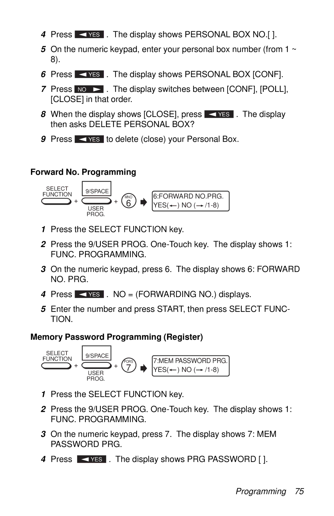 Oki 87 manual Forward No. Programming, Memory Password Programming Register 