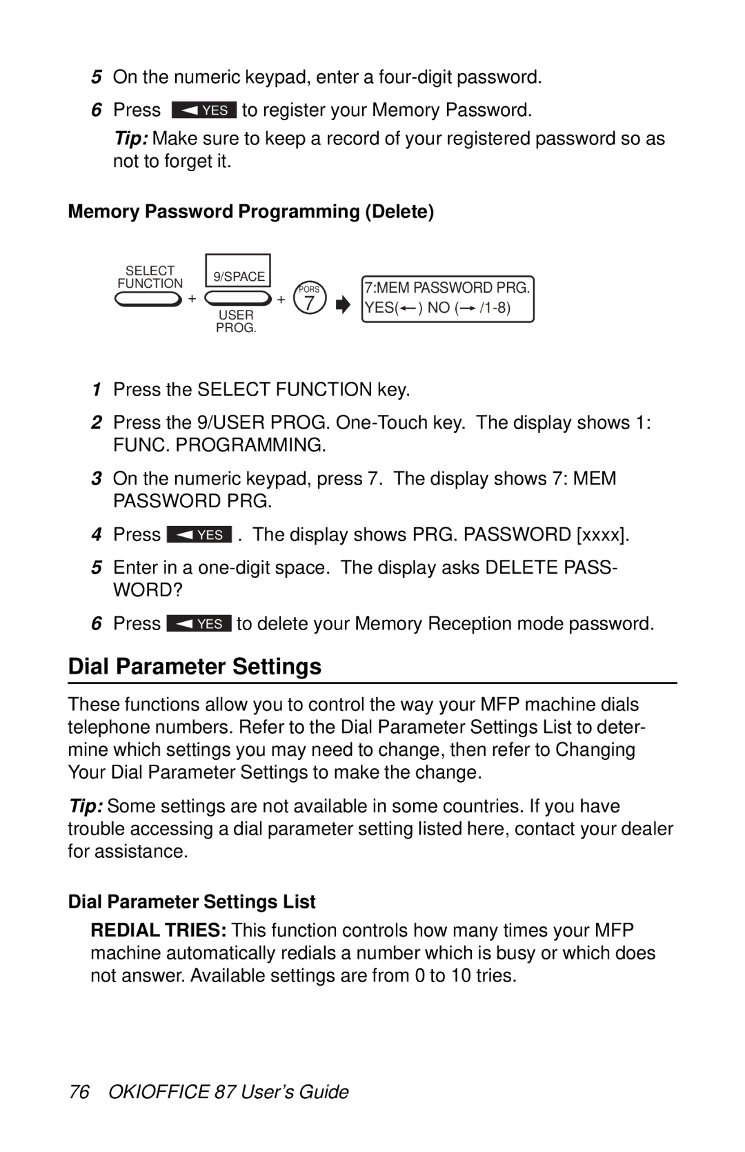 Oki 87 manual Memory Password Programming Delete, Dial Parameter Settings List 