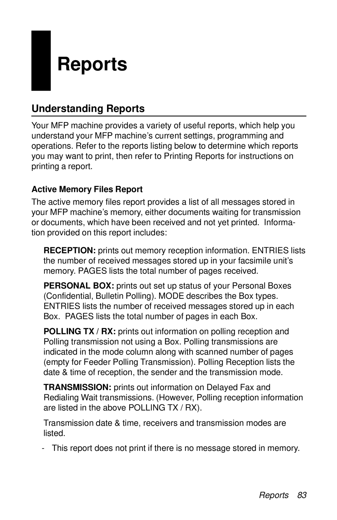 Oki 87 manual Understanding Reports, Active Memory Files Report 