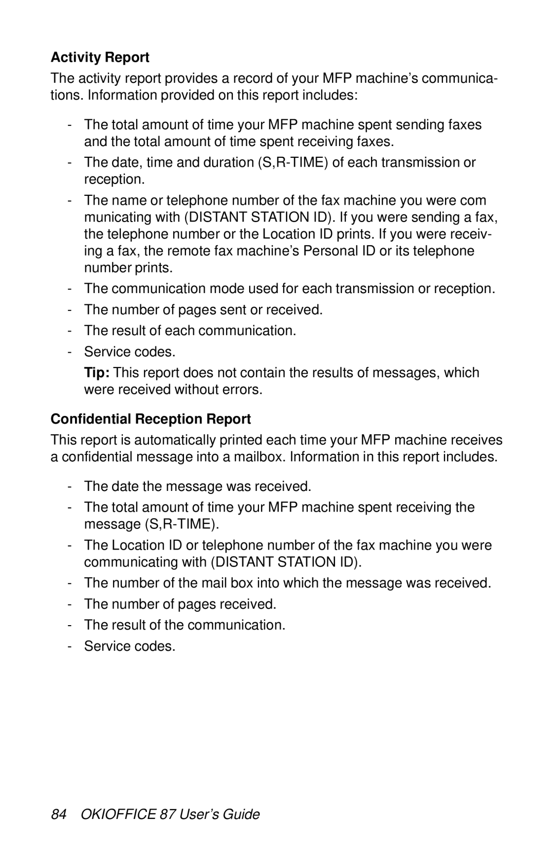 Oki 87 manual Activity Report, Confidential Reception Report 