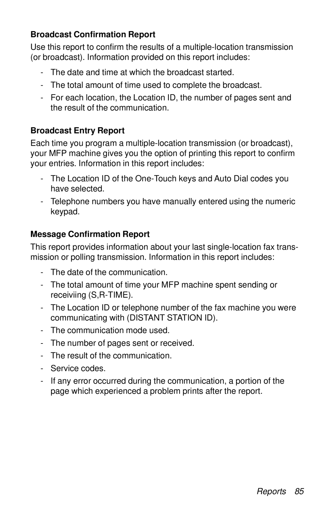 Oki 87 manual Broadcast Confirmation Report, Broadcast Entry Report, Message Confirmation Report 