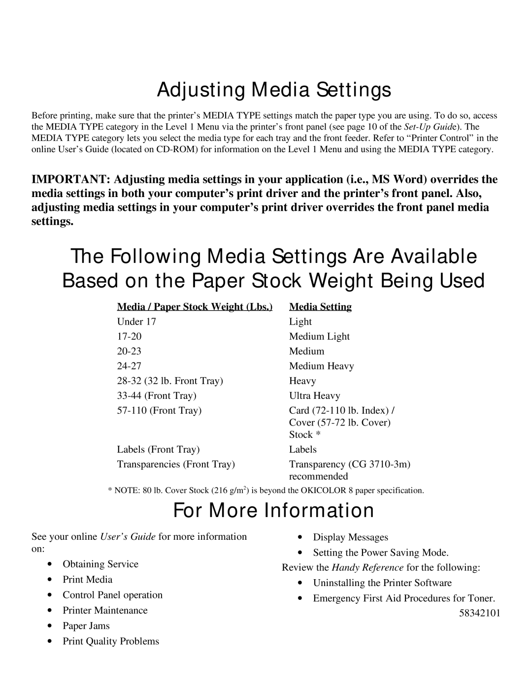 Oki 8/8N setup guide Adjusting Media Settings, For More Information, Media / Paper Stock Weight Lbs Media Setting 