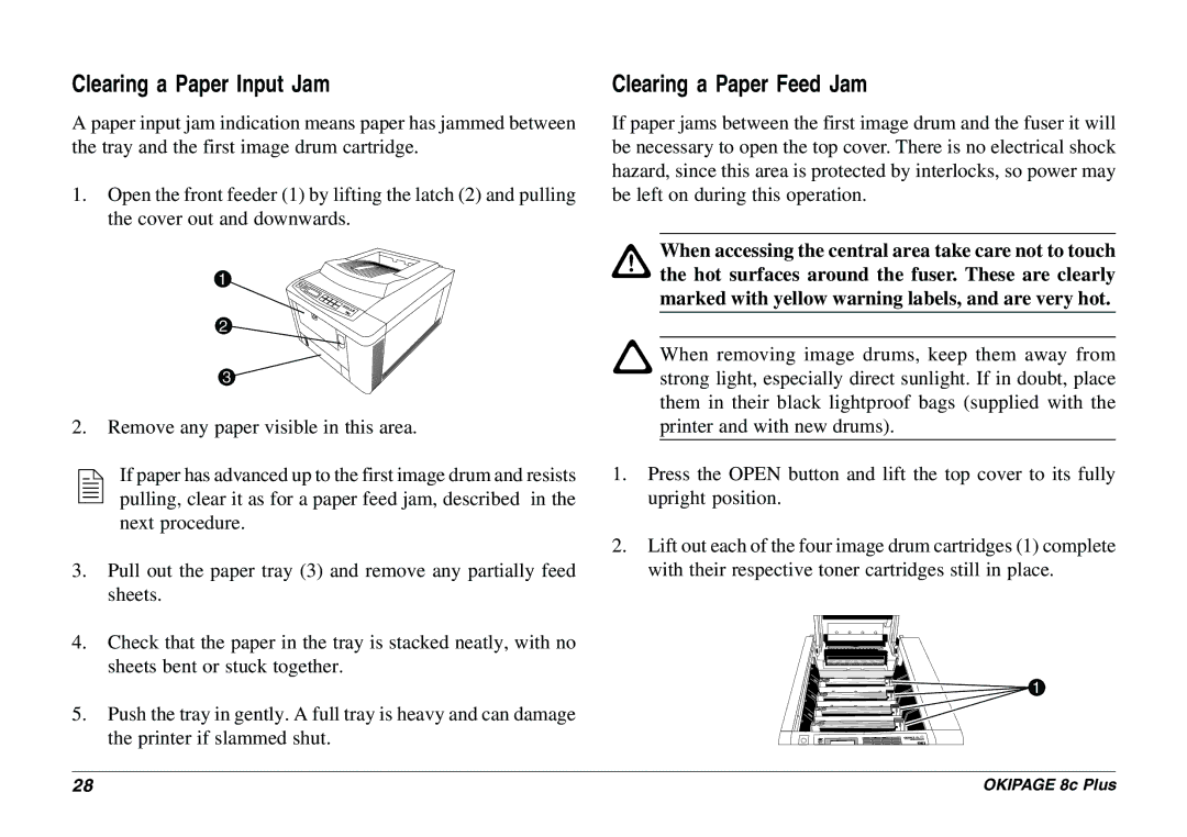 Oki 8c Plus manual Clearing a Paper Input Jam, Clearing a Paper Feed Jam 