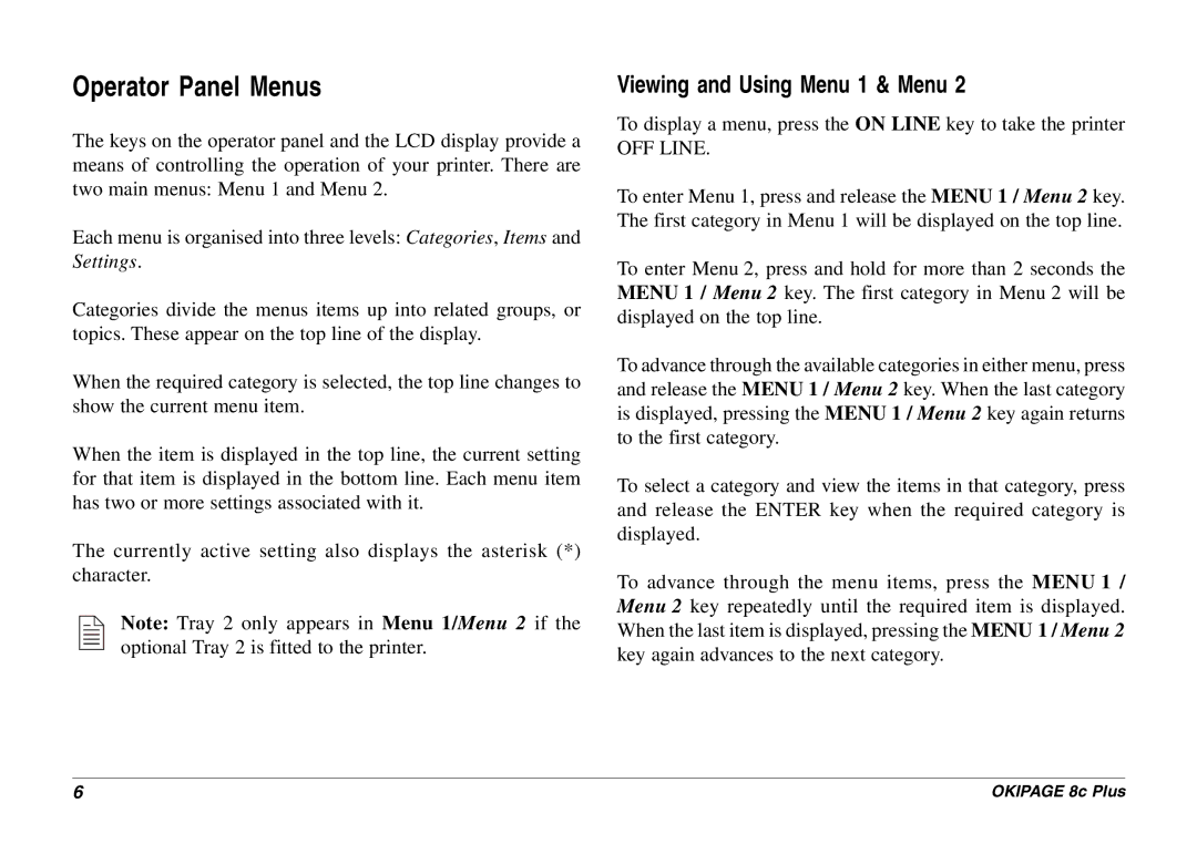 Oki 8c Plus manual Operator Panel Menus, Viewing and Using Menu 1 & Menu 