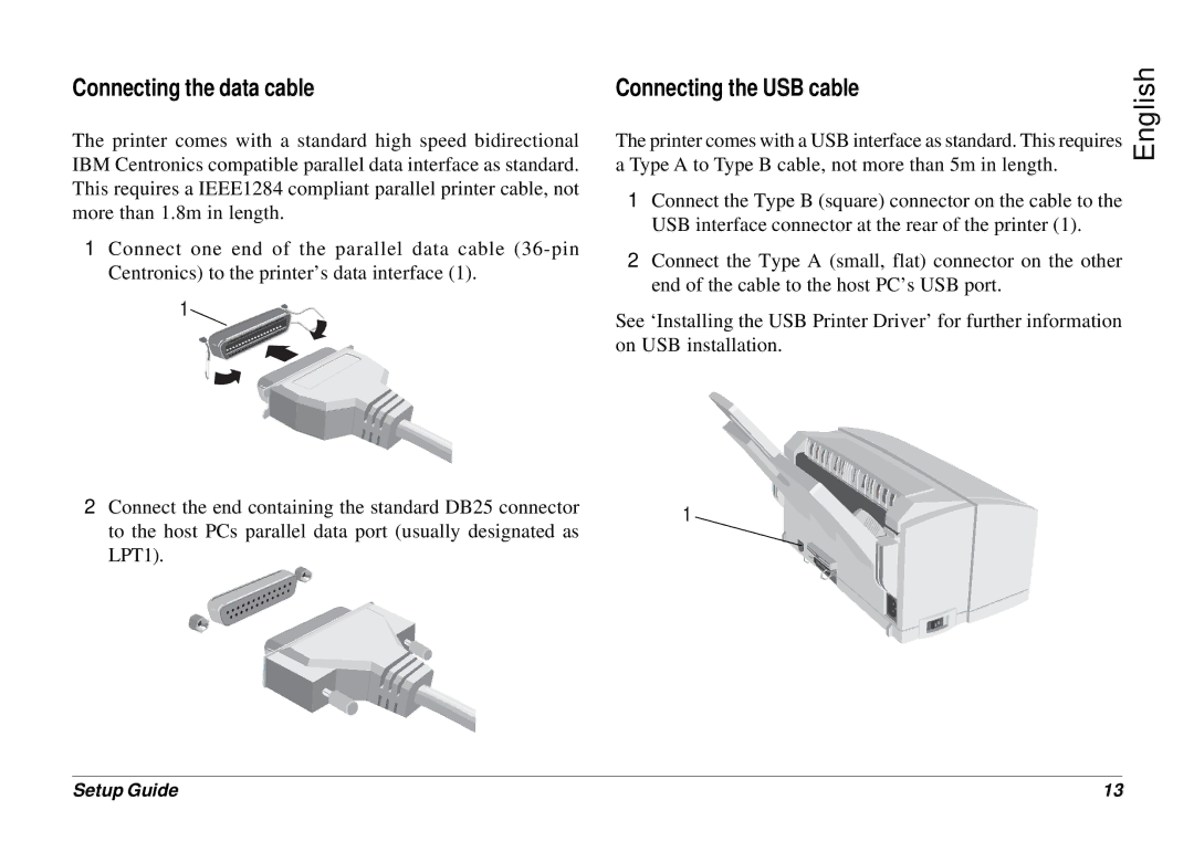 Oki 8p Plus setup guide Connecting the data cable, Type a to Type B cable, not more than 5m in length 